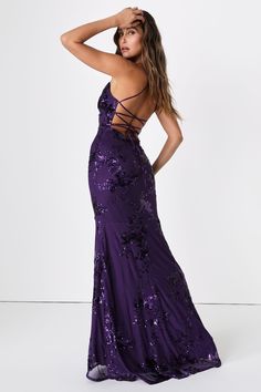 Lovely Purple Dress - Sequin Maxi Dress - Lace-Up Sequin Dress - Lulus Purple Prom Dresses Long, Dark Purple Prom Dresses, Dark Purple Prom Dress, Purple Prom Dress Long, Gold Sequence Dress, Wedding Bridesmaids Dress, Purple Prom Dresses, Mermaid Maxi Skirt, Purple Sequin Dress