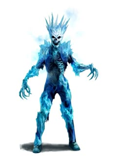 an iceman standing in front of a white background with blue and black accents on his body