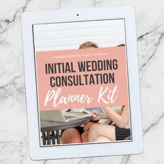 a tablet with the text initial wedding consulting planner kit on it and a photo of a woman sitting at a table