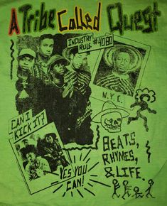 a green t - shirt with black and white images on it that says attribe called quest