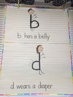 two children's drawings with the words b has a belly and d wears a diaper