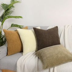 a couch with several pillows on top of it and a potted plant in the corner