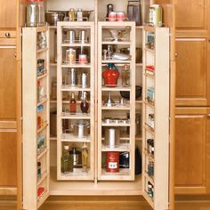 an open pantry with lots of items in it and the words smart storage accessories on top