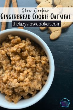 gingerbread cookie oatmeal in a white bowl with cinnamon sticks next to it