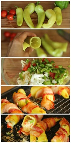 several different types of food being cooked on a grill with tomatoes, peppers and onions