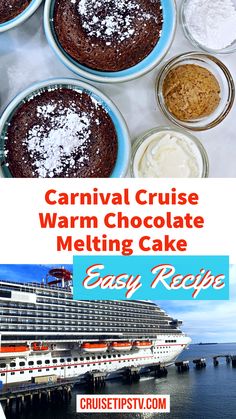 the carnival cruise warm chocolate melting cake is ready to be eaten with other desserts