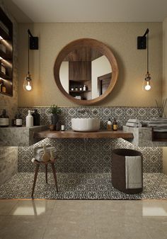 a bathroom with a round mirror above the sink and tiled flooring on the walls