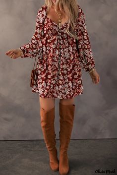 Olivia Mark - Short and Chic Floral Patterned Dress for Her Fall Floral Dress, Shirred Dress, Red Floral Print, Floral Sleeve, Plus Size Maxi Dresses, Romper Dress, Red Mini Dress, Sweetheart Neck, Long Sleeve Mini