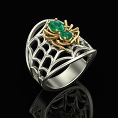 Embrace the enchanting allure of Halloween with our Emerald Spider Web Ring, a captivating piece of cute Halloween jewelry that perfectly balances spooky charm and minimalist elegance. Handcrafted with meticulous attention to detail, this spider web stackable ring is designed to add a touch of gothic flair to any outfit. Made from high-quality sterling silver, the ring features an intricately woven spider web design, adorned with a stunning emerald centerpiece that catches the light beautifully. Gents Rings, Insect Ring, Spider Ring, Skull Wedding Ring, Mens Skull Rings, Fantasy Ring, Halloween Ring, Spider Jewelry, Gothic Ring