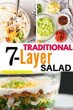 a collage of seven layer salads with text overlay that reads 7 traditional layered salads