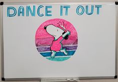 a drawing of a cartoon dog dancing in front of a sign that says dance it out