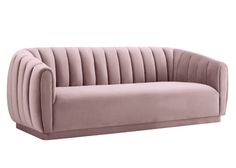 a pink velvet sofa with pleated upholstered back and arms, on an isolated white background