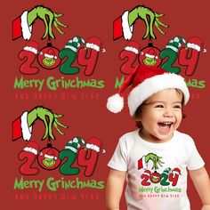 a young child wearing a santa hat and t - shirt