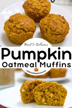 pumpkin oatmeal muffins on a plate with the title overlay