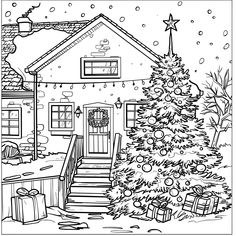 a christmas tree in front of a house with presents on the porch and stairs leading up to it