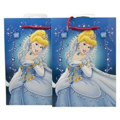 two bags with princesses on them are shown in blue and white colors, one has a red ribbon