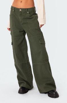 EDIKTED Ember Denim Cargo Pants | Nordstrom Fall Bottoms For Women, September Birthday Outfit, Styling Cargos, Cargo Pants Back, Olive Outfits, Green Cargo Jeans, Olive Cargo Pants, Colored Pants Outfits, Cargo Pants Green