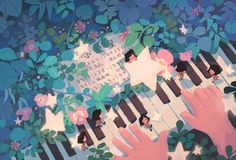 two hands are playing the piano in front of flowers and stars on a blue background