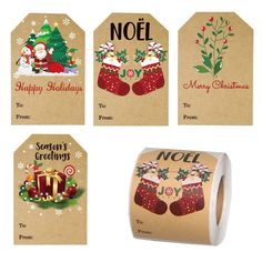 four christmas gift tags with santa stockings and candy canes on them, one for the holiday season