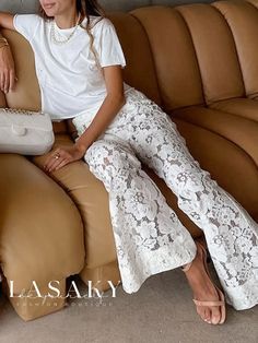 Lasaky - Chic Lace-Adorned Wide Leg Pants for Sophisticated Holiday Style Glamorous Luxury Pants For Date Night, Spring Trousers, White Flare Pants, White Flares, Nylon Pants, Lace Pants, Long Trousers, Bell Bottom Pants, Pant Style