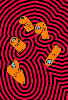 three orange objects floating in a red and black swirly pattern, with an optical illusion behind them