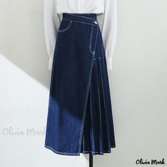 Olivia Mark - Asymmetrical Pleated Denim High Waist Midi Skirt with Letter Print Midi Skirt Summer, Denim Skirt Long, Ropa Upcycling, Pleated Denim Skirt, A Line Denim Skirt, Pleated Denim, Denim Skirt Women, Diy Blouse, Blouse Diy