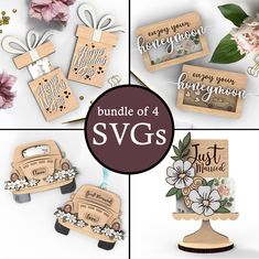 bundle of 4 svg wood cutouts with flowers and wedding cars for the bride