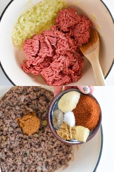 three different types of ground beef in bowls