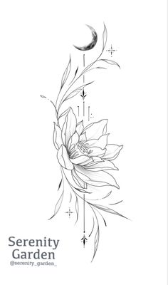 a black and white drawing of a flower with the words serenity garden on it