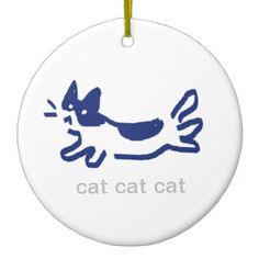 a white ornament with a blue cat on it's back and the words cat cat