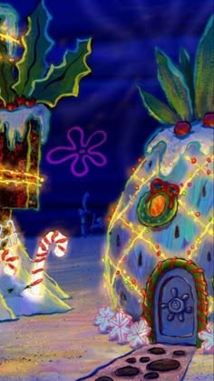 an animated christmas scene with lights and decorations