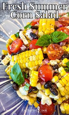 Corn, cherry tomatoes, black beans, and creamy feta cheese in a delicious homemade lime dressing with text overlays. Cherry Tomatoes Recipes Salad, Black Bean Corn Salad, Corn Tomato Salad, Black Bean Salad Recipe, Cherry Tomato Salad, Cherry Tomato Recipes, Creamy Feta, Corn Salad Recipes, Lime Vinaigrette