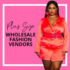 a woman in an orange dress with the words plus size wholesale fashion vendors on it