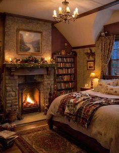 a bedroom with a fire place in the fireplace and bookshelves on the wall