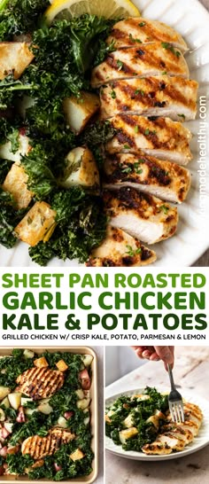 chicken, kale and potato salad on a plate with the title sheet pan roasted garlic chicken kale & potatoes