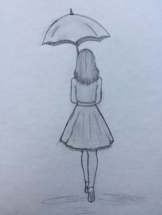 a drawing of a girl with an umbrella in her hand, looking at the sky