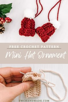 mini crochet hat ornaments for Christmas trees. Crochet Tiny Hat Ornaments, Christmas Crochet Ornaments Patterns, Mini Crochet Ornaments Patterns, Mini Crochet Beanie, Christmas Crochet Quick, Crochet Seasonal Decorations, Mini Crochet Wreath, Quick Knit Christmas Gifts, Crochet Hat Ornaments Free Pattern