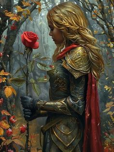 a painting of a woman in armor holding a rose