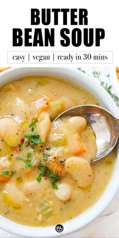 a bowl of butter bean soup with a spoon in it and the title overlay says butter bean soup