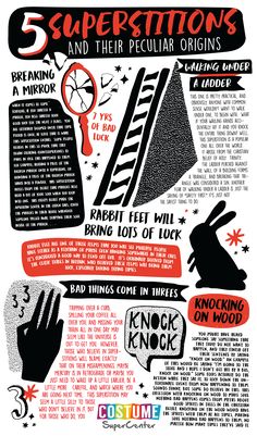 a poster with different types of writing on it's sides and the words, 5 superstitions and their peculiar origins