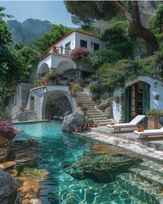 an outdoor swimming pool with steps leading to the house and surrounding trees, shrubs, and flowers