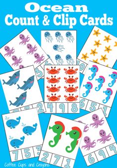 the ocean count and clip cards are shown with numbers, sea animals, and octopuses