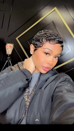 Jayda Pixie Cut, Pixie Haircut Fashion Outfits, Pixie Finger Waves Black Women, Pixie Haircut On Natural Black Hair, Chocolate Brown Pixie Cut Black Women, Curly Perm Short Hair, Short Hairstyle On Black Women, Jayda Wayda Pixie Cut, Jayda Wayda Short Hair