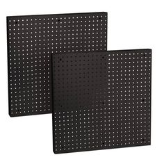 two black square pegboards with holes on them