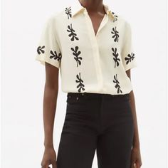 Like Brand New Condition This Beautiful Shirt Is Sold Out Online Short Sleeve Button-Down In A Us Size 2 Black Fig, Fig Leaf, Printed Silk Shirt, Cream Style, Silk Crepe, Leaf Print, Silk Shirt, Leaf Prints, Black Cream