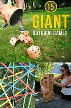 giant outdoor games for kids to play in the yard and on the grass with text overlay that reads 15 giant outdoor games