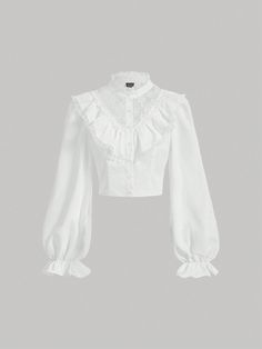 Ruffle Trim Flare Sleeve Button Front Shirt White Casual  Long Sleeve Woven Fabric Plain Top Non-Stretch  Women Clothing, size features are:Bust: ,Length: ,Sleeve Length: White Button Shirt Women, White Shirt Puffy Sleeves, Cute White Blouse, White Frilly Top, White Blouses For Women Classy, Ruffle Outfits Women, White Fancy Shirt, White Collar Blouse, White Flowy Shirt