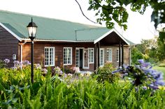 a wooden house surrounded by lush green grass and purple flowers in the foreground, with a lamp post at the front