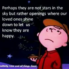 a charlie brown christmas card with the words, perhaps they are not stars in the sky but rather opening where our loved ones shine down to let us know they are happy