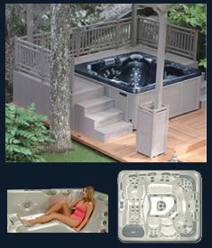 an outdoor hot tub with stairs and steps leading up to the top, next to a woman in a pink bathing suit